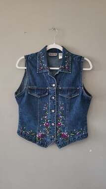 Bill Blass Jeans Vintage Floral Embroidered Sequin Denim Vest Size S